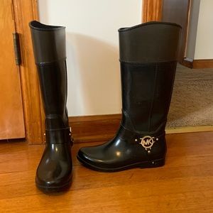 Black and grey MK rain boots, size 8